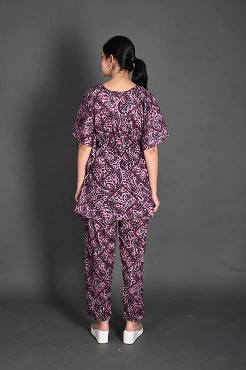 Image of Vlazom Women's 100% Cotton Printed Kaftan & Pyjama Set - Combo Pack of 2 | Free Size Nightwear with Pocket | Soft Cotton Loungewear Co-ord for Women