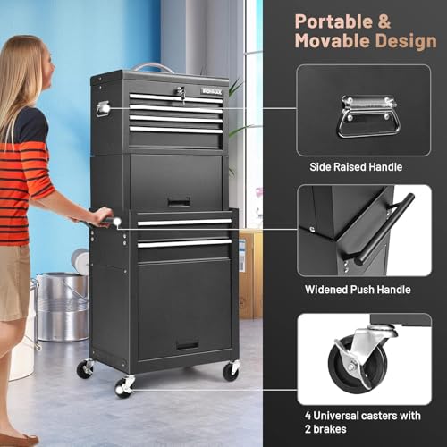 Image of Goplus 6 Drawers Tool Chest, Rolling Metal Tool Box with Universal Wheels, Protective Liner, Detachable Top Toolbox, Auto Lock, 3-in-1 Large Tool Cabinet for Garage Shop Auto Repair