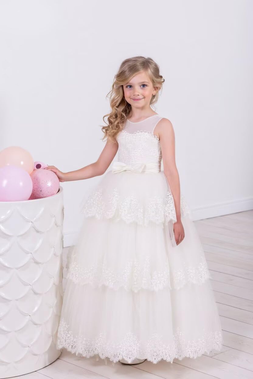 Lace Applique Flower Girl Dresses for Wedding Tulle Pageant Dresses Tiered First Communion Dresses for Girls