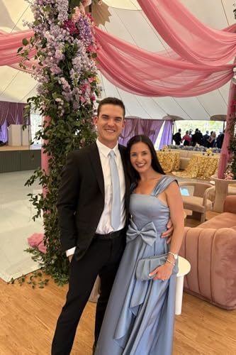 Satin Strapless Ball Gown 2025 Bow Bridesmaid Dress for Women Formal Flowy A-Line Hi-Lo Wedding Dress with Train4