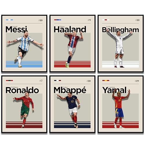 Blauro Soccer Wall Art Poster Bundle World Cup Inspired Soccer Posters for Boys Bedroom Messi Poster Ronaldo Poster Matte Sports Wall Prints Unframed Set Of 6 (8x10)