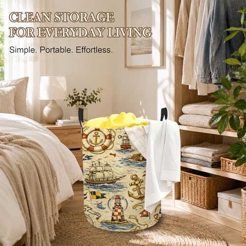 Image of Nautical Lighthouse Laundry Basket, Anchor Ship Collapsible Laundry Hamper Waterproof Oxford Cloth With Handles, Clothes Storage Bucket For Bathroom /Bedroom 16 inch x 20.8 inch