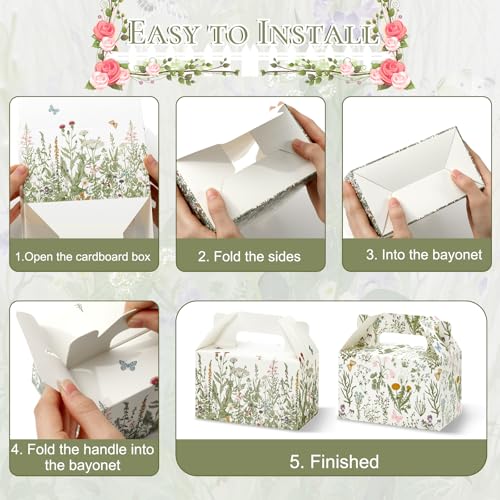FYSUIMU 24Pcs Vintage Wildflower Treat Box with Handle Green Floral Goodie Candy Bag Spring Gable Paper Gift Container for Cookie Snack Party Favor Supplies, 2 Designs