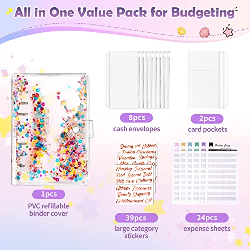Budget Binder With Cash Envelopes, [Confetti Glitter] Money Savings Binder With Sparkly Sequins, Large Rose Gold Stickers, 6Pcs Card Slots & Expense Sheets, Gift Box Packaging Cash Stuffing #TOP1