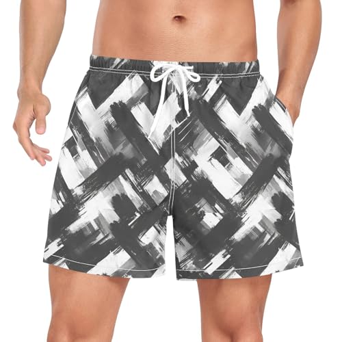 JUNZAN Mens Swimwear Trunks Black White Men's 2 Layer Workout Shorts with Compression Liner Board Shorts Quick Dry ElasticGrunge Texture