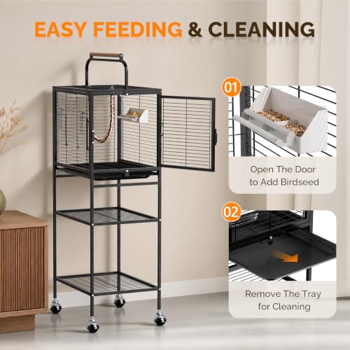 Image of VINGLI Small Bird Cage with Rolling Stang, 52 inch Wrought Iron Parakeet Cage with Wooden Perch and Storage Shelves for Parrot Lovebirds Finches Small /Medium Birds (Black with Stand)