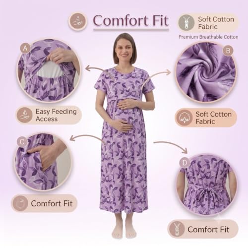 Image of Zero Clothing Feeding Dress for New Moms Casual Loungewear Ankle Length | Cotton Maternity Nighty | Zipless Feeding Dresses for Women | Pregnancy & Nursing Wear