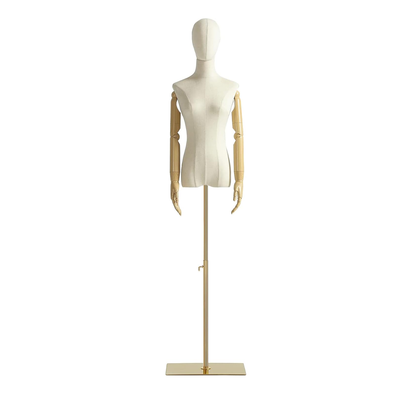 Female Mannequin Dress Shape Torso Display Mannequin Body with Removable Head, Wooden Hands and Gold Adjustable 140 cm - 200 cm Height Standing, for Dress Jewellery Display, Beige