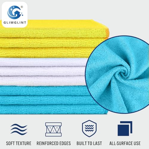 GLIMGLINT Microfiber Cleaning Cloth, 150 Pack Cleaning Rags, Cleaning Towels with 3 Color Assorted, Shop Towels 14\"X12\"(Yellow/White/Blue)
