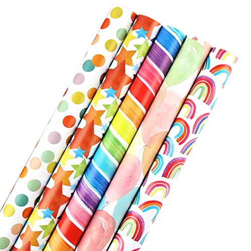 HBell Wrapping Paper Rolls,5 Rolls 44cm x 3M Gift Wrapping Paper,Birthday Wrapping Paper Roll,Rainbow Wrapping Paper Roll, Suitable for Birthday,Party, Wedding,Baby Shower,Festive Decorations