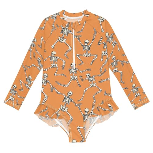 CaTaKu Girls One Piece Swimsuit Skeleton Orange Toddler Bathing Suit Long Sleeve UPF 50+ Rash Guard Swimwear 3-12Y
