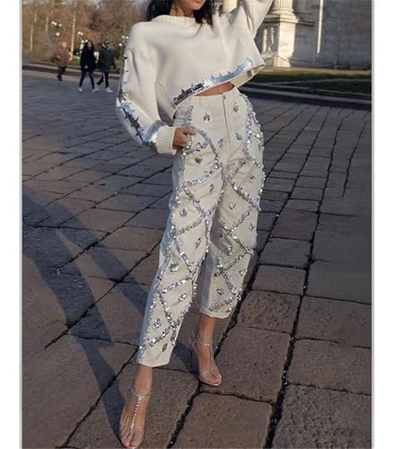 Women's Sequin Diamond Decorated Straight Jeans High Waist Elegant Casual Jeans4