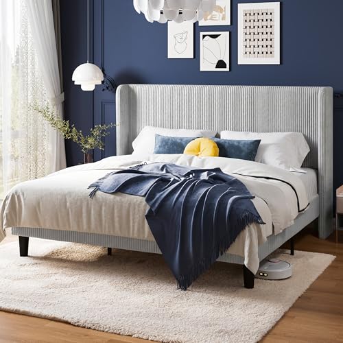 Image of Allewie King Size Platform Bed with Corduroy Wingback Headboard, Light Grey | 1000 lb Capacity, Corduroy Wingback Headboard, Vertical Channel Design, Wood Slat Support, No Box Spring Needed /Easy Assembly