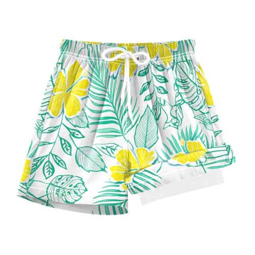 YANENDIE Boy Swim Trunks with Compression Liner Yellow Hibiscus Palms Boys Swim Shorts Quick Dry Beach Shorts