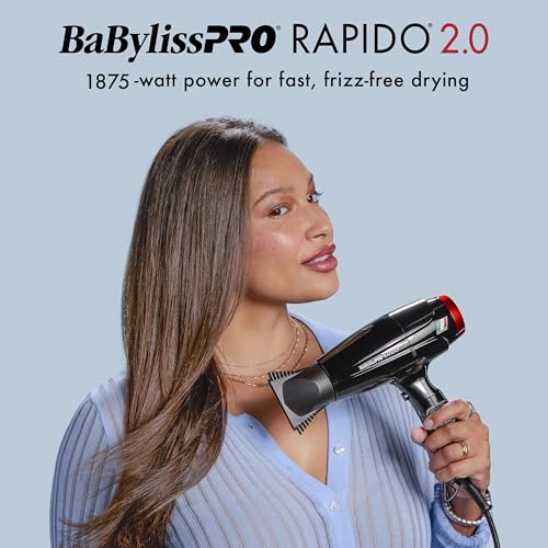 BaBylissPRO Rapido 2.0 Séchoir professionnel Ionique compact haute performance, sécheur professionnel professionnel haute vitesse conçu par l'Italie avec diffuseur, 2 Buse concentratrice, & Pièces jointes de peigne