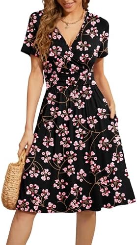 WEACZZY Women's Summer Short Sleeve Casual Dresses V-Neck Floral Party Dress with Pockets
