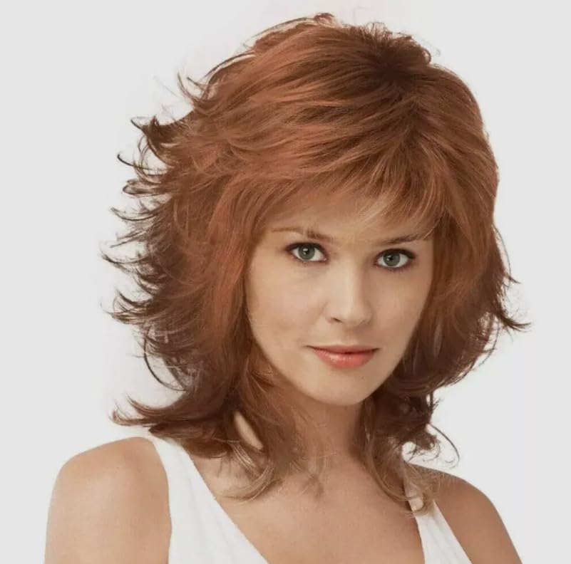 Image of Mid Length Shag Capless Wavy Layered Synthetic Hair Wigs Women Natural Auburn For Daily Use, Party, Halloween Wigs (Brown Red)