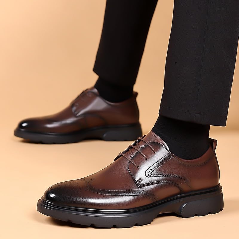 Dark Brown Dress Shoes for Mens Retro Lace Up Pointed Burnished Toe Brogue Embossed Wing tip Leather Shoes Block Heel Low Top Slip Resistant Business Dress Oxford Shoes for Men4