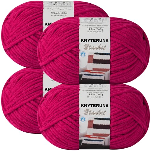Knyteruna #6 Super Bulky Blanket Yarn for Crocheting - 4 Skeins(Each 10.5oz/300g, 220yds/201m), Chunky Chenille Thick Plush Big Soft Yarn for Crocheting Knitting Blankets, Cherry Red by Knyteruna - Used condition - US$16.90