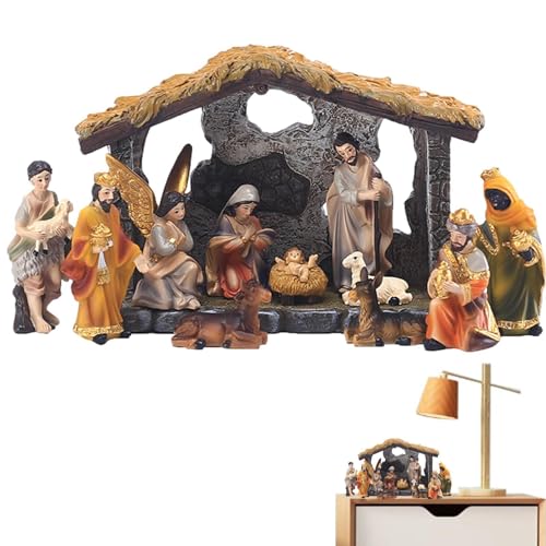 Christmas Nativity Set with Figures - Holy Family Miniatures Statue, Set of 12 Resin Tabletop Decor for Home Living Room Church