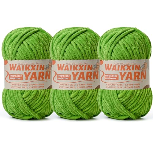 Image of (3 Lime Green) 3 Pack Super Soft Fuzzy Chenille Chunky Yarn for Crocheting, 300g (261yds) Velvet Fluffy Amigurumi Yarn for Hand Knitting Baby Blankets Weaving Craft