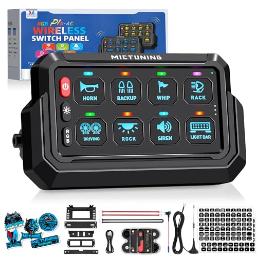 MICTUNING P1s-AC Wireless RGB 8 Gang Switch Panel, 433MHz Remote Control Range Up to 165FT Plug and Play 12V Multifunction Toggle Momentary Strobe Pulsed Circuit Control Relay System Box for Car RV
