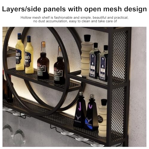 بيكي رف معدني يثبت على الحائط، رف زجاجة نبيذ، رف بار معدني من 3 طبقات مع حامل زجاجي وطلاء مقاوم للصدا، حامل عرض متعدد الوظائف للمنزل/البار/المطعم (اسود، 100 سم × 15 سم × 80 سم)
