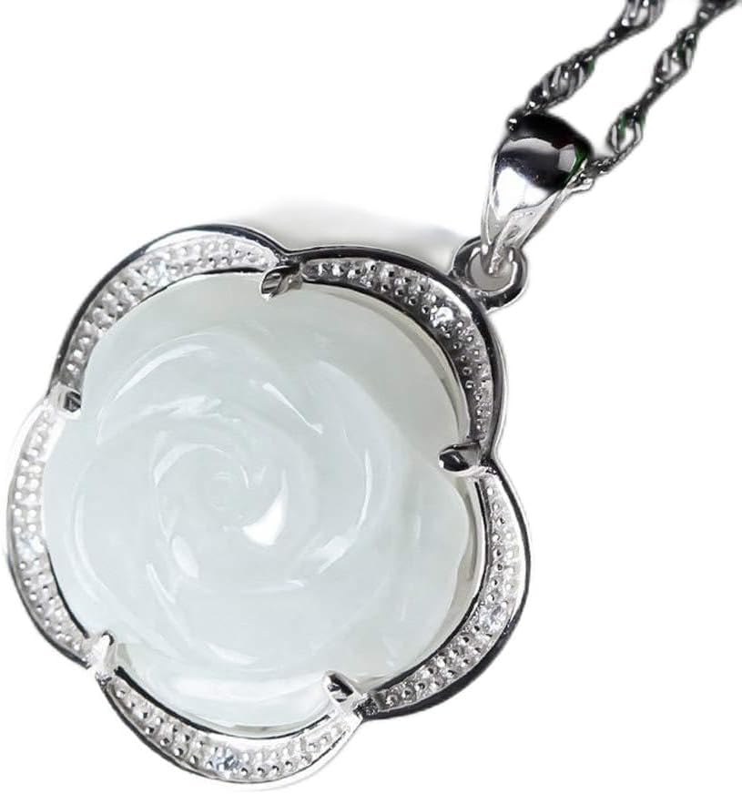 S925 Silver Jewelry Natural Jade Rose Pendant Necklace Chinese Style Hand-Carved Lucky Amulet Necklace Gift