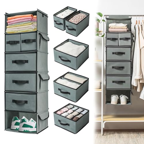 HEKOBAG Hanging Wardrobe Organiser, 6 Shelves Wardrobe Storage Hanging Shelves Grey Hanging Closet Organizer with 5 Removable Drawers & Side Pocket Closet Hanging Organize for Wardrobe, Bedroom