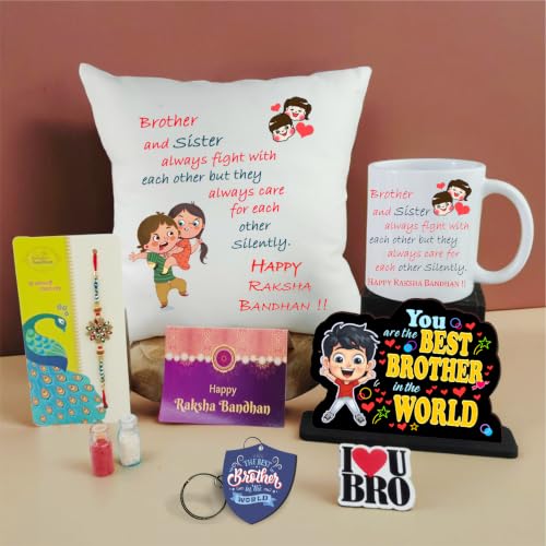 Image of PICRAZEE Raksha Bandhan Gift Combo for Brother | Rakhi, Cushion, Mug, K-Ring, F-Magnet, Standee & Card