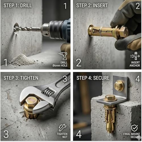 Image of ELEGANT CASA Anchor Bolt Fasteners, Alloy Steel, Zinc Plated, Rust-Proof Expansion Screws for Concrete Walls, 6MM Gold, 12 Pieces