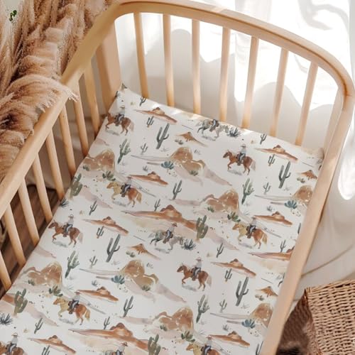 Image of D5tzj6xy Unisex Western Cactus Horses Mountains Pattern Baby Fitted Crib Mattress Sheets, Breathable Polyester Crib Sheets, Standard Crib & Toddler Mattress, 28*52 inches