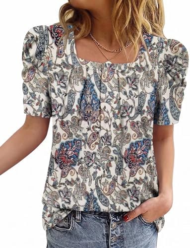 CRAZY GRID Womens Trendy Summer Tops Puff Sleeve Loose Fit Shirts Dressy Casual Blouses