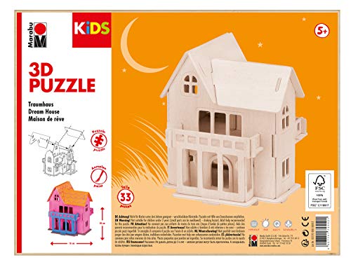 Marabu 317000000012 - KiDS 3D Holzpuzzle Traumhaus, mit 33 Puzzleteilen aus FSC-zertifiziertem Holz, ca. 16 x 20 cm groß, einfache Stecktechnik, zum individuellen Bemalen und Gestalten