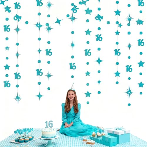 Image of Teal Blue 16th Birthday Decorations Number 16 Circle Dot Star Garland Glitter Streamer Banner Backdrop for Girls Boys Sweet Sixteen Cheers to 16 Years Old Birthday 16th Anniversary Party Supplies