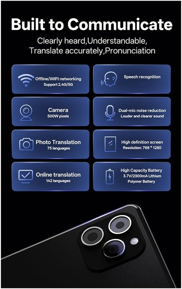 The T22 translator screen showing a conversation translation interface with text 'Conversation Translation' and 'Large screen resolution: 768x1280'.