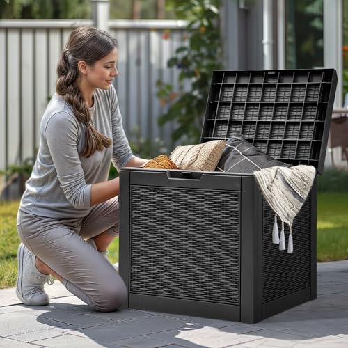 YITAHOME 32 Gallon Deck Box, Resin Storage with Lockable Lid & Side Handles, Indoor Outdoor Small Container for Patio Cushion, Garden Pool Accessories, Backyard Furniture, Water Resistant