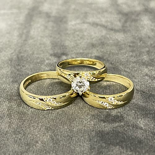 Trio Rings Set 14k Yellow Gold- 3-Piece Wedding Engagement Rings Band for Her and Him - Round Cubic Zirconia CZ for Couple Mens and Women - Anillos de Matrimonio.2