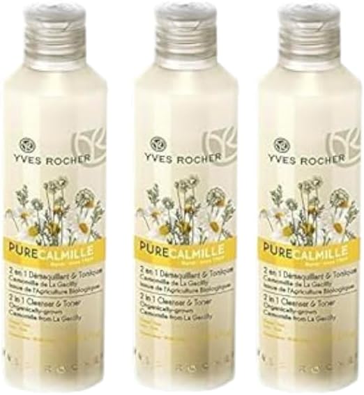 Yves Rocher Pure Calmille 2-in-1 Cleanser & Toner Makeup Remover Lotion Organic Chamomile Skincare – Set of 3 Bottles 200 ml/6.7 fl.oz