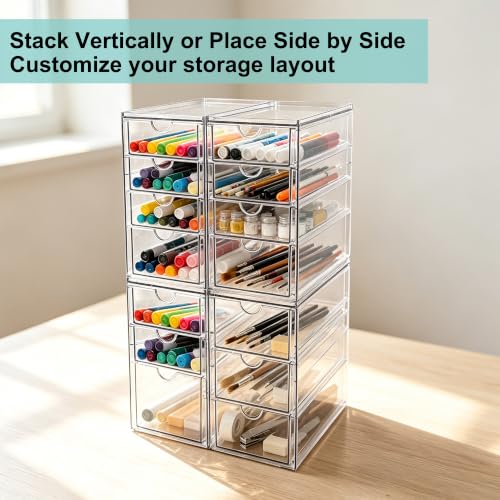 Image of Prsildan Acrylic Desk Organizers with 14 Drawers, Stackable Makeup Storage | Anti-slip Clear Storage Bins, Vanity Organizer for Craft Bead Crayon Nail, Bathroom Kitchen Office Organization, 4 Pack