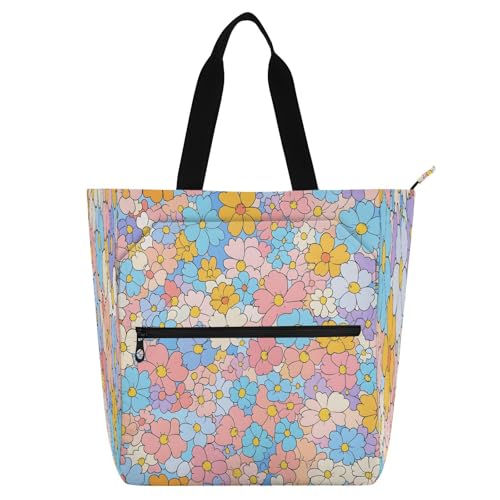 Small Flowers Tote Bag,Large Capacity Handbag with Zipper Perfect for School,Travel,Shopping