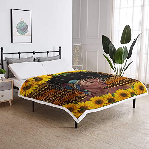 Havop African American Girl Sunflower Blanket Throw Plush Fleece Sherpa Blanket For Couch Sofa Bed Thick Soft Winter Blankets 60X80 Inch #TOP3