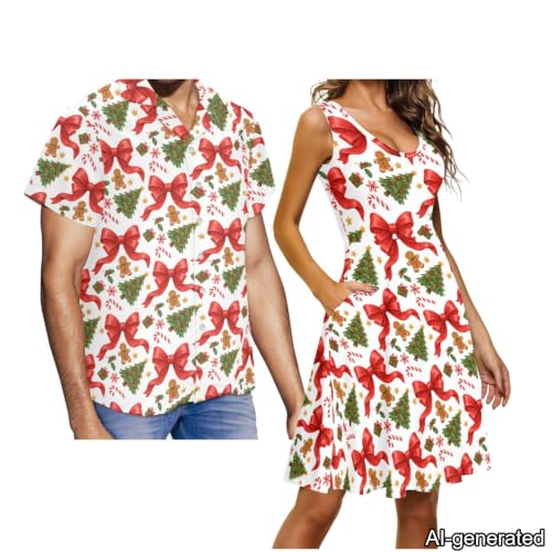 Image of Dreaweet Summer Dresses for Women A-Line Sleeveless Flowy Sun Dresses,Men's Casual Button-Down Shirts,Couple Matching Outfits