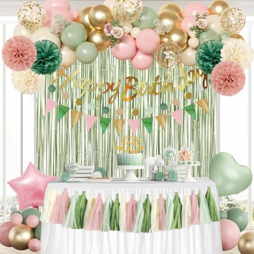 Image of Pink Sage Green Birthday Party Decorations kits for Girls Women with Happy Birthday Banner, Fringe Curtain,Foil Balloons,Tissue Pompoms,Dots Garland,Tassels Garland,Cake Topper for birthday decor