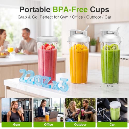 Image of KOIOS Personal Blender for Smoothies with 3 x 22oz To-go Cups, BL319B (White)