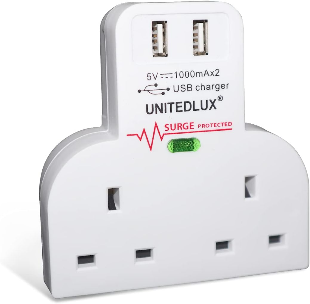 4 Way Double Plug Socket Mains Switch Extension Adapter with Twin USB ...