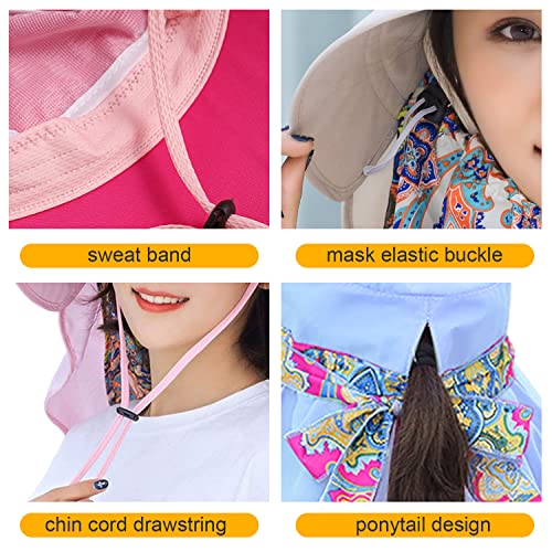 Image of Women Wide Brim Face Mask Sun Hat Detachable Neck Face Flap Ponytail UV Protection Visor Hat Garden Fishing Hiking