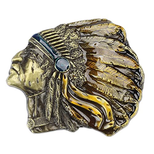 Longcreek Boucle de ceinture de tête de crâne de chef de guerrier tribal indien pour hommes, Boucle de ceinture de chef indien amérindien, Boucle de ceinture de cowboy occidental punk rock (Bronze)