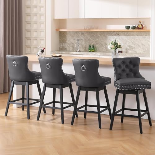 Image of Grey Leather Swivel Bar Stools Set of 2 with Back, 26 Inch Counter Height Chairs, Solid Wood Legs, Tufted Seat, Comfortable and Stylish for Kitchen, Island, Home Bar(Grey, 2 Pack, 26 inch H)