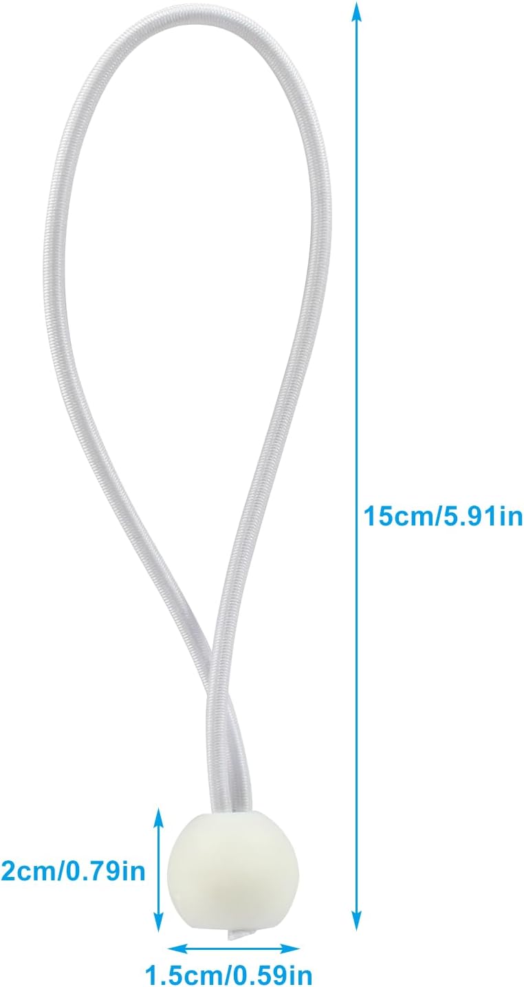 Waziaqoc 50 Pcs Ball Bungee Cords 6 Inch, Tarp Ball Bungee Ties Heavy Duty Canopy Tie Downs for Camping, Cargo, Projector Screen, Tent Poles with UV Resistant (White)